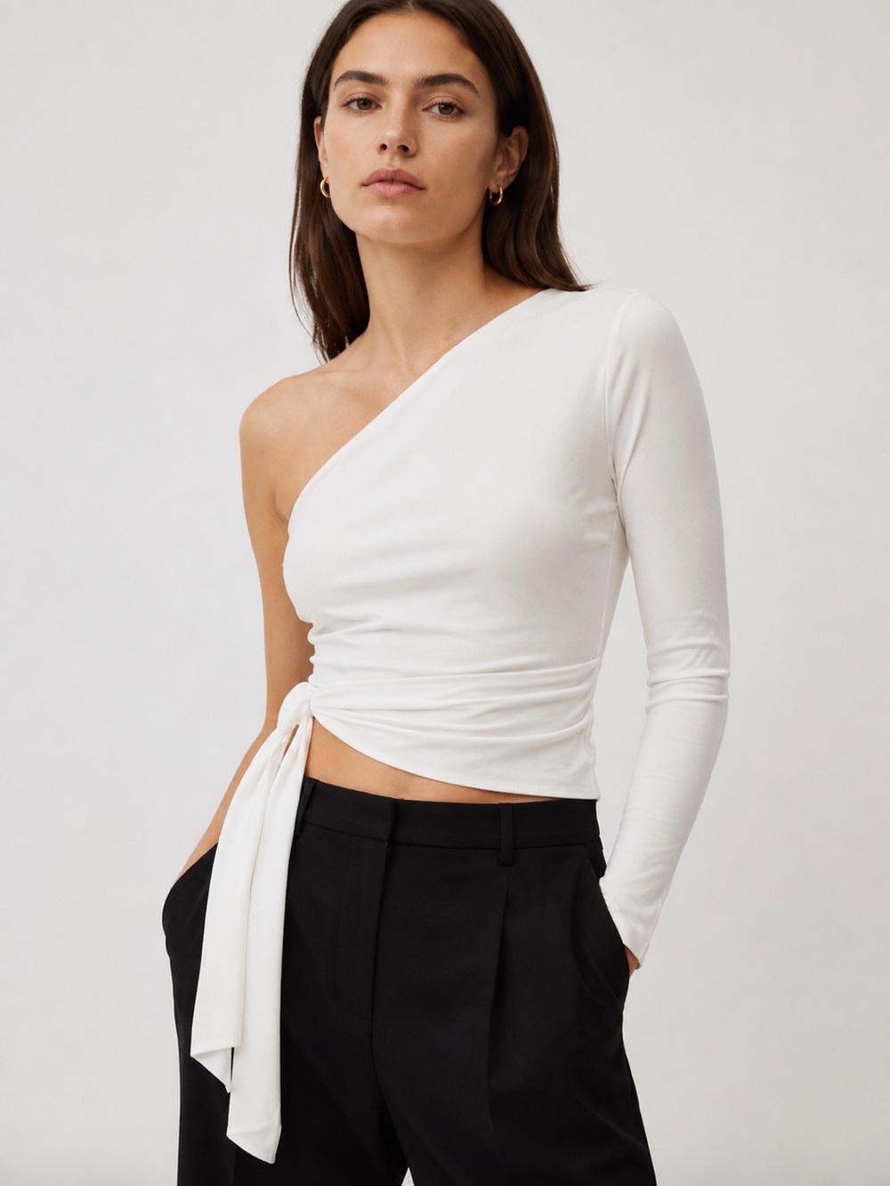 THEORY Asymmetrical One Shoulder Side Tie Top in White